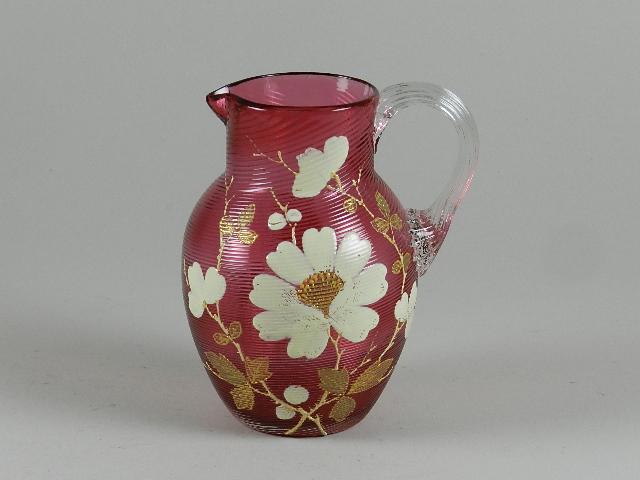Moser Style Ribbed Cranberry Art Glass Pitcher (1 of 3)