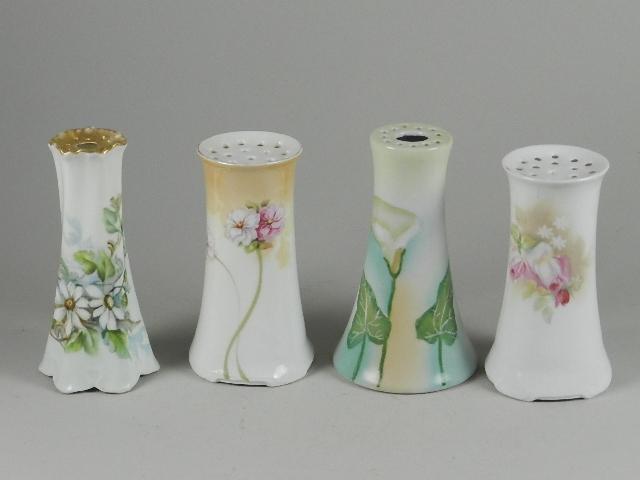 Four Vintage Hat Pin Holders: 3 are RS Germany, one is ZS & Ct Bavaria, one has old hairline, 5" h x 2" w