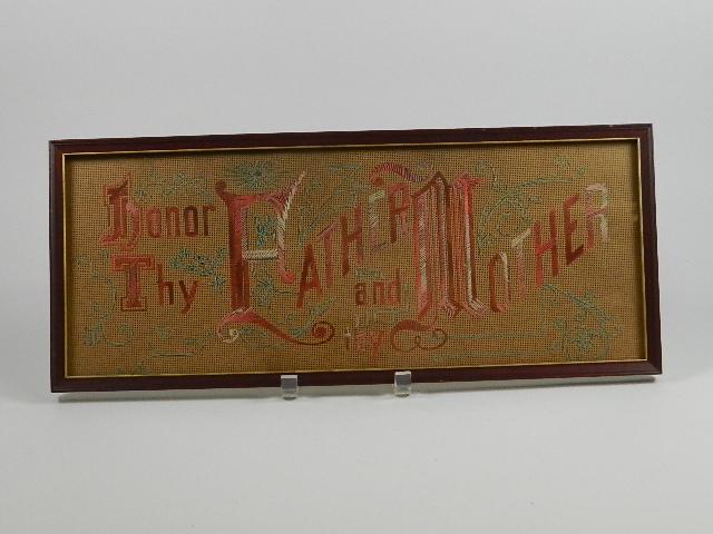 Vintage Cross Stitch "Honor Thy Father & Thy Mother": 8" h x 20" w