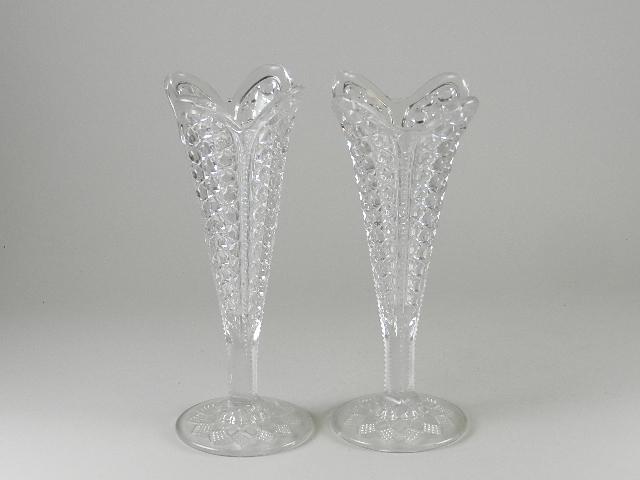 Pair EAPG Lancaster Glass Co Scalloped Vases: 10" h x 4" w