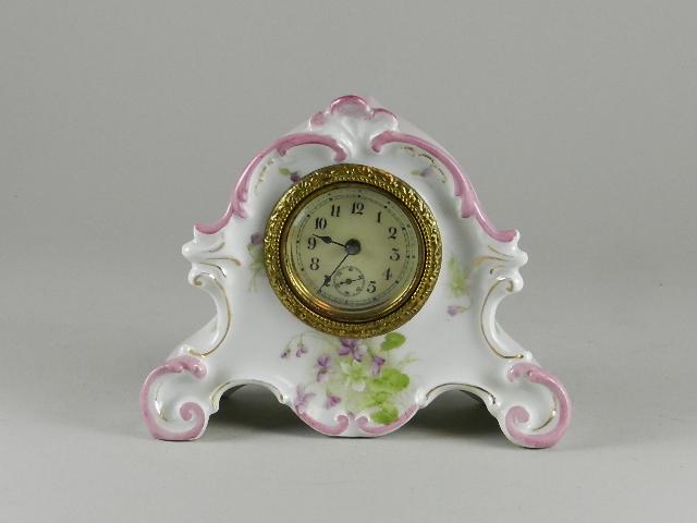 Ansonia China/Porcelain Clock: missing one nut off back, does not run, 5 1/2" h x 6 1/2" w x 2" d