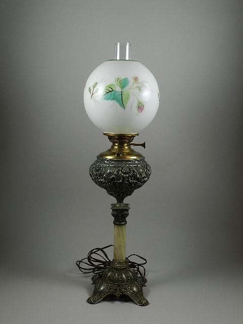 Banquet Lamp with Alabaster & Ornate Metal Base: hand painted shade with moss rose design, early electrification, 31" h x 7" w x 7" d