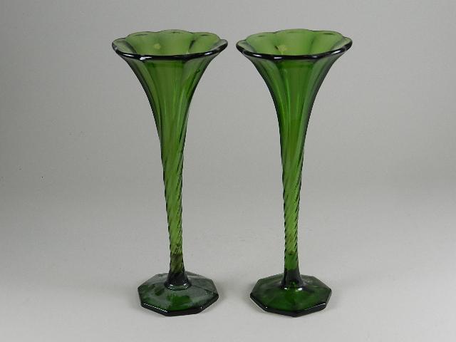 Pair EAPG Emerald Green Trumpet Vases (1 of 3)