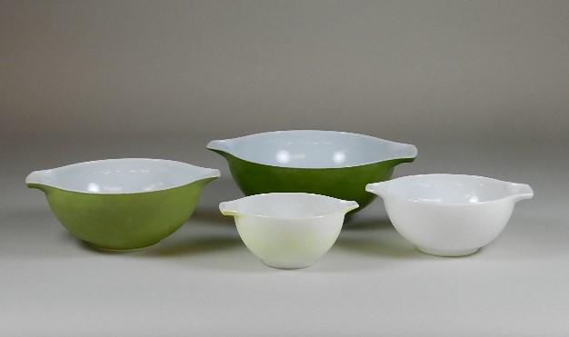 4 Graduated Pyrex Mixing Bowls: smallest has heavy finish loss, all show wear from use, largest 13" w