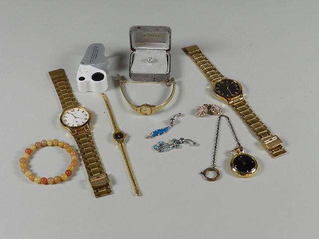 Group of Watches & Costume Jewelry: includes 3 Seiko and 1 Citizen watches and a modern pocket watch from the Joan Rivers collection, wear from use