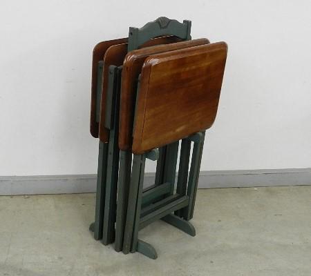 Set of 4 Wooden TV Trays in Holder: minor wear from use, 36" h x 19 1/2" w