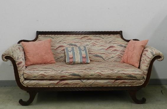 Duncan Phyfe Style Sofa: with flame stitch style upholstery, wear from use, 32" h x 76" w x 33" d