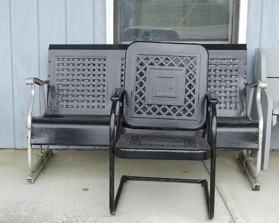 Vintage Porch Glider & Chair: both repainted black, wear from use/rust, glider: 33" h x 58" w