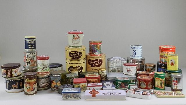 Large Assortment of Tins: potato chips, chocolate, cookies, Altoids, etc, various conditions