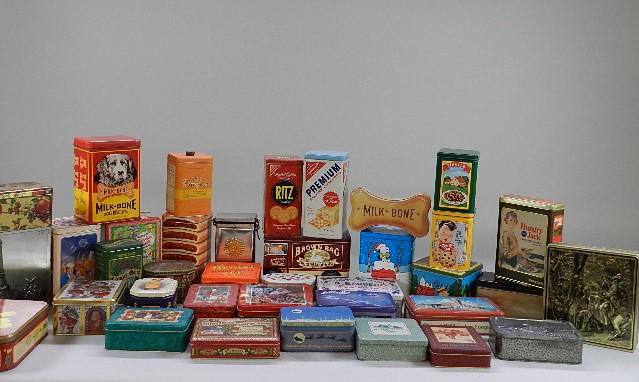 Large Assortment of Tins: crackers, chocolate, holiday, biscuits, candy, etc, various conditions