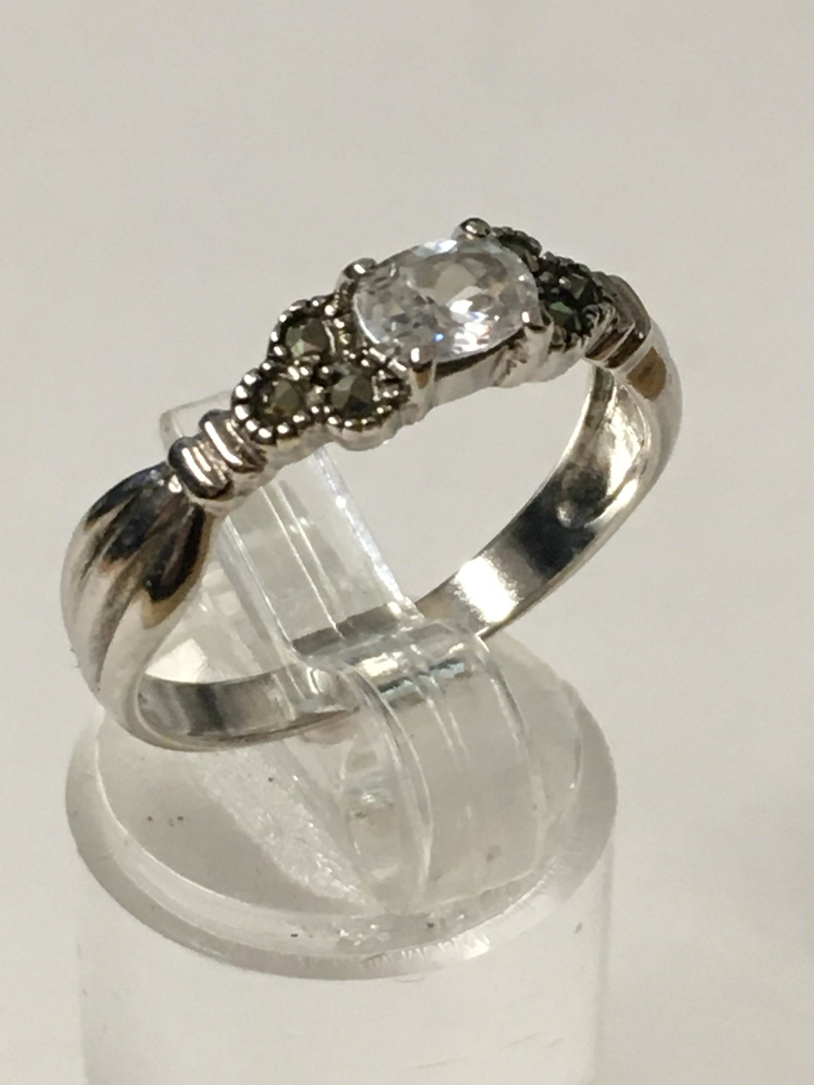 Sterling Marcasite & White Stone Ring: size 9