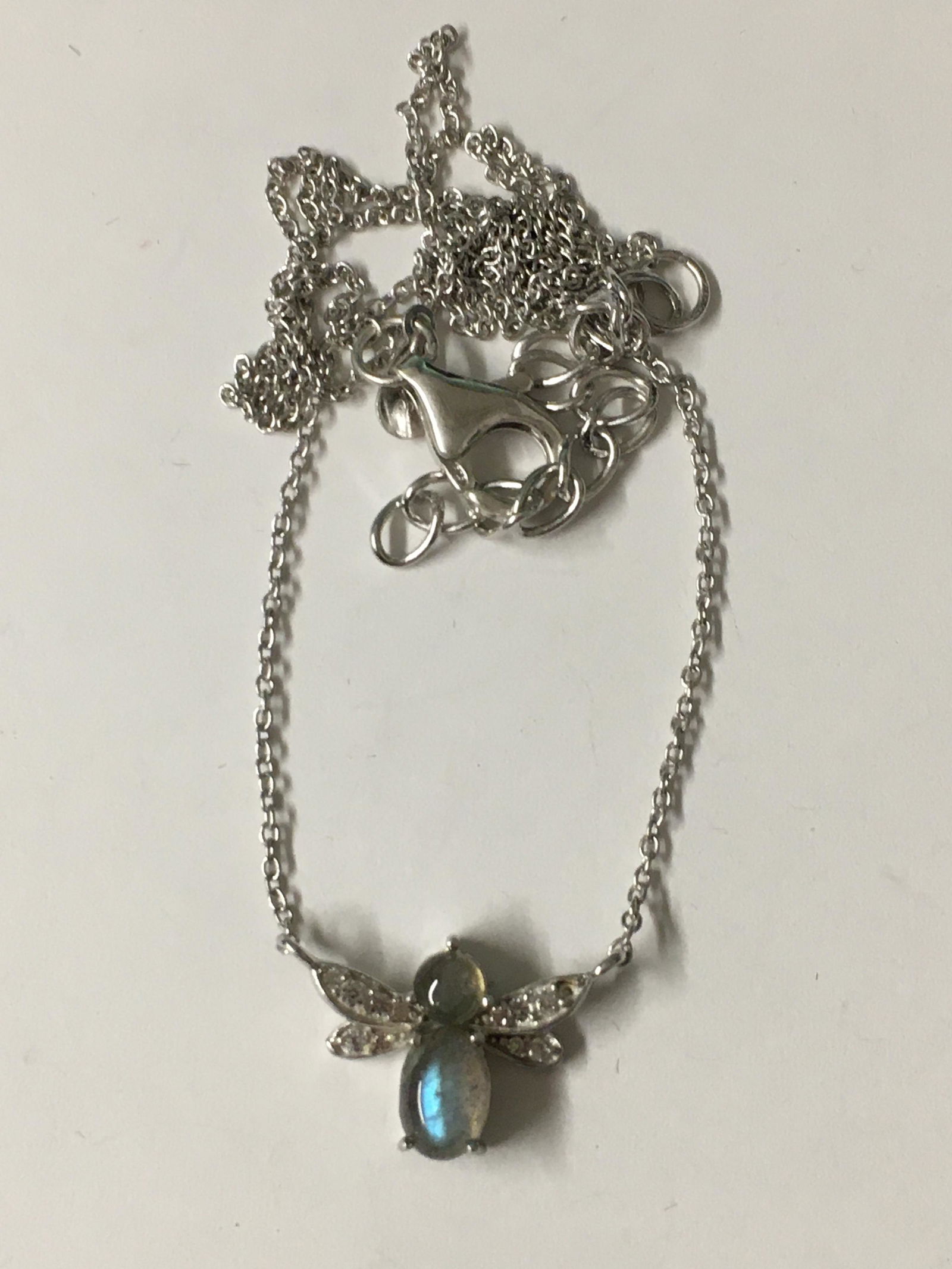 Sterling Moonstone & CZ Bee Pendant Necklace: 20" long