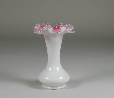 Fenton Pink & White Ruffle Edged Vase: minor wear, 8" h