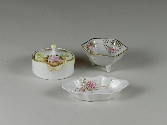 3 Miniature Porcelain Items: includes Japan bowl, Nippon covered jewelry box and Elite Limoges tray, wear from use, largest: 4" w