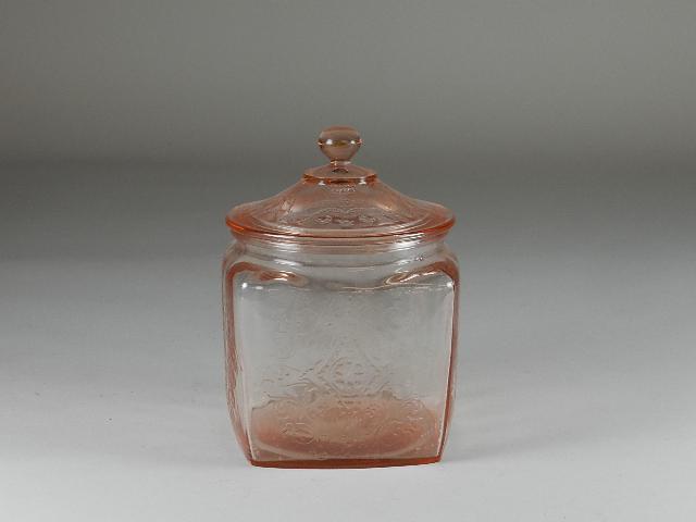 Pink Depression Glass "Madrid" Cookie Jar: minor rim chips, 7 1/2" h