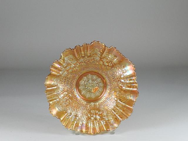 Fenton Marigold Carnival Glass Cherry Chain Ruffled: minor wear, 10" w