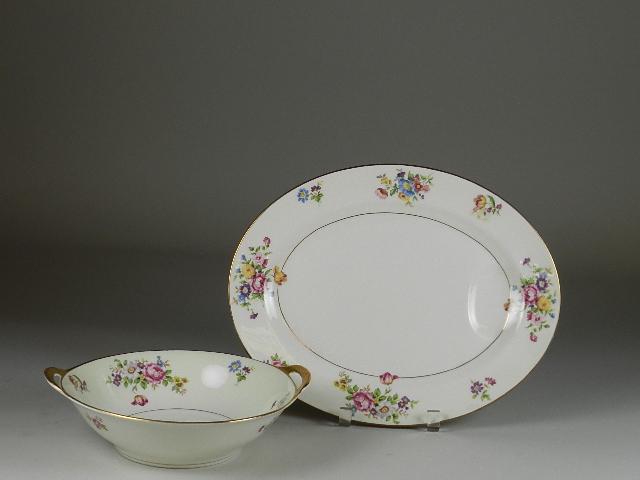 2 Serving Pieces of Theodore Haviland Rosalinde: 10 1/2" bowl and 14" platter with well, wear to finish