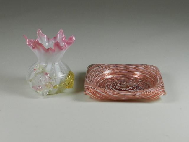 Lutz Style Art Glass Ash Tray & Art Glass Vase: vase has damage to applied flower and leaf, tray: 6 1/2" h x 6 1/2" w