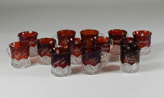 13 Ruby Flash EAPG Souvenir Cups: wear to finish, tallest: 3"