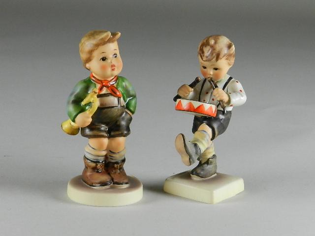 2 Goebel Hummels Trumpet Boy & Little Drummer: trademark 5, crazing to finish, 4 1/4" h