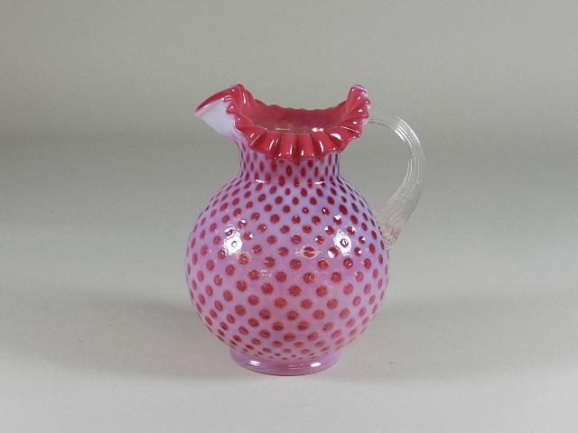 Large Fenton Cranberry & White Pitcher: minor wear, 9" h