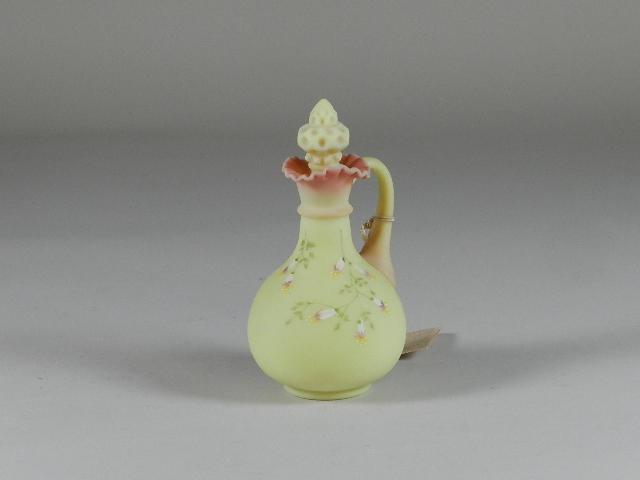 Fenton Burmese Hand Painted Cruet: with original tag, signed on bottom, 7" h