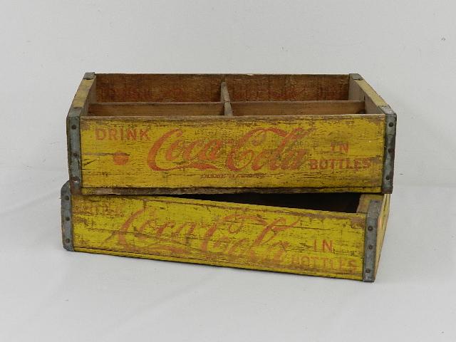 2 Wooden Yellow Coca Cola 6 Pack Trays: wear to paint