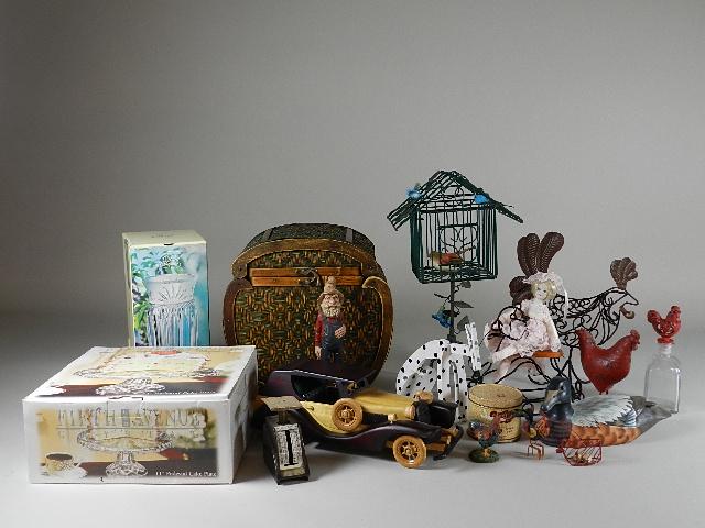 Tote of Assorted Items: storage box, cake stand, vase, chickens, etc