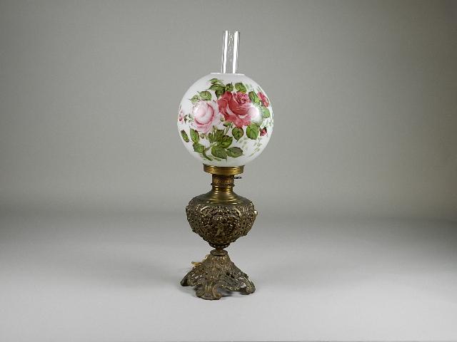 Electric Gone with the Wind Style Lamp: brass base with cherubs and hand painted shade, wear from use, fine hairline at top of shade, minor chips, 27" h