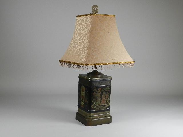 1960s Fredrick Cooper Lamp Table Lamp: made with Asian tea tin, wear to finish, 29" h