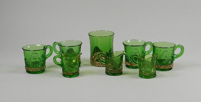 Eight Pieces EAPG Emerald Green Lacy Medallion Cups & Creamers (1 of 3)