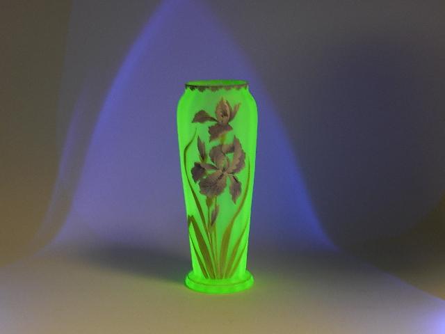 Carl Goldberg Style Enameled Iris Decorated Vase: unsigned, lite wear to paint, 13" h