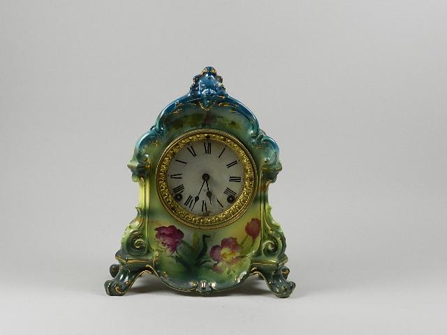 Ansonia Royal Bonn "La Rambla" Porcelain Clock: wear to face, rear foot repaired, has pendulum, no key, untested, 21" h x 8" w x 5" d