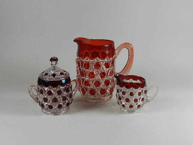 Three Pieces Bohemian Ruby Flash Red Block Pitcher, Sugar & Creamer (1 of 4)
