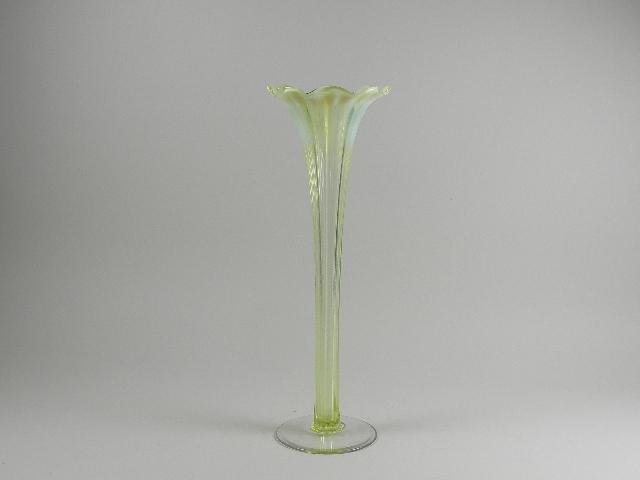 Large Topaz Opalescent Trumpet Vase: has some lime scale, 18" h