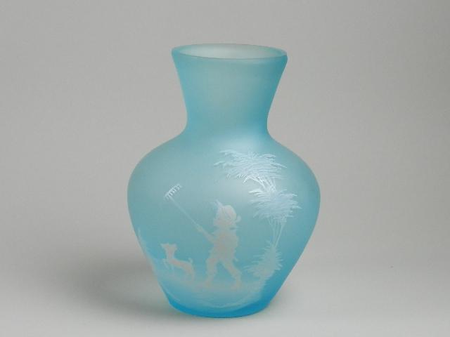 Westmoreland Mary Gregory Frosted Vase with Boy & Dog: 7" h
