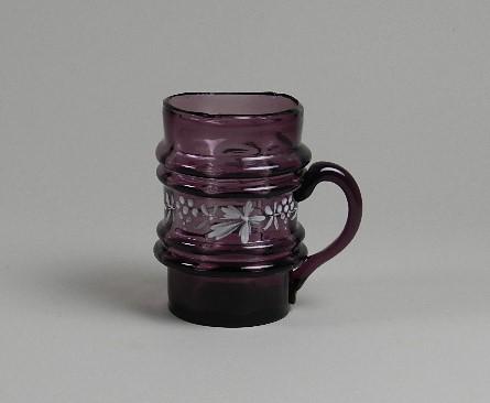 Rare Early Amethyst Blown Glass Mug: enamel decoration, has small rim chips, 3 3/4" h