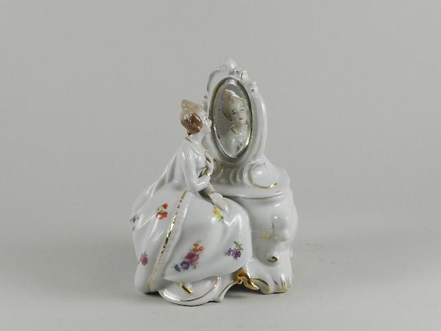 Figurine Dresser Box: Marked Japan. Wear to paint and spotting to mirror. 7? tall
