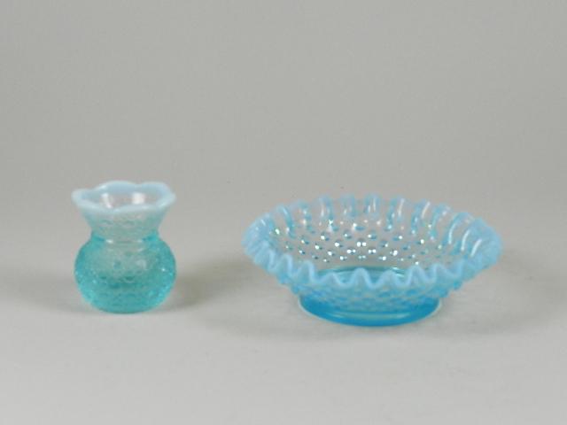 Small Blue Opalescent Toothpick Holder with a Hobnail Ruffled Blue Bowl: toothpick holder: 2" h x 2 1/2" w