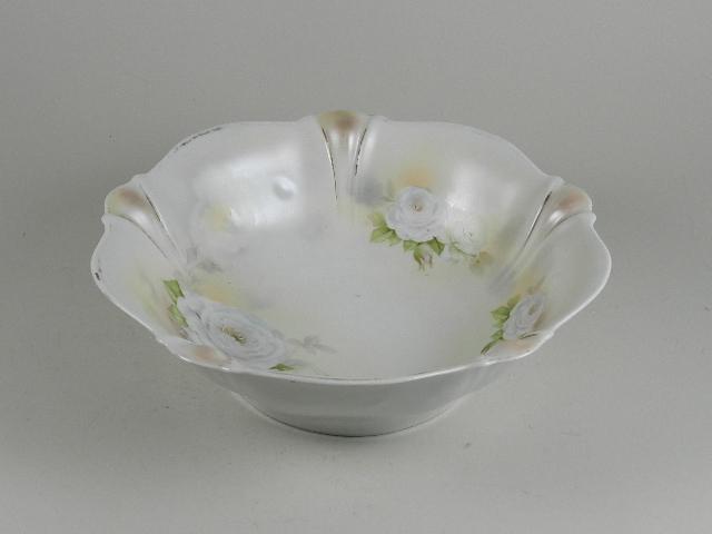 Prussia Style Center Bowl: white rose & luster decoration, marked Germany Bavaria, has wear to gilt trim, 3" h x 11" w