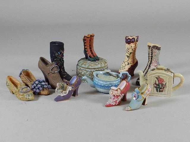 Group of Miniature Decorative Shoes: Includes two miniature teapots. Shoes are marked Just the Right Shoe. Minor wear. Tallest 4?