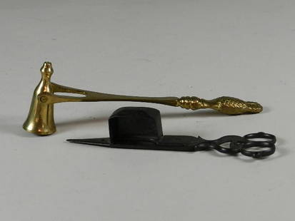 Brass Candle Snuffer and Early Iron Wick Trimmer: Wick trimmer is missing feet. Wear from use. Longest 8"