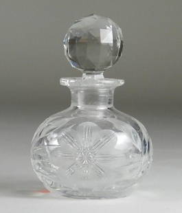 Small Cut Crystal Dresser Bottle: Small chips to stopper. 5"t