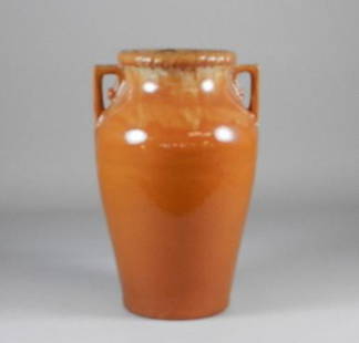 Large Redware Pottery Double Handle Vase: Crazing to glaze and spots on glaze along lower half. 11"w x 17 1/2" t