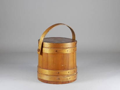 Wooden Firkin Bucket: Lower band is loose. Wear from use. 10" tall