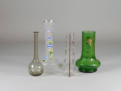 4 Art Glass Vases: Two are hand painted. One has wheel cut design. Minor chips on one rim. Tallest 10"