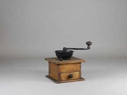Antique Coffee Grinder: Heavy wear to finish. 8" w x 7" d x 8 1/2" t