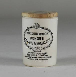 Dundee Orange Marmalade Pottery Jar: Has correct paper lid. Minor damage to lid. 4 1/2"t