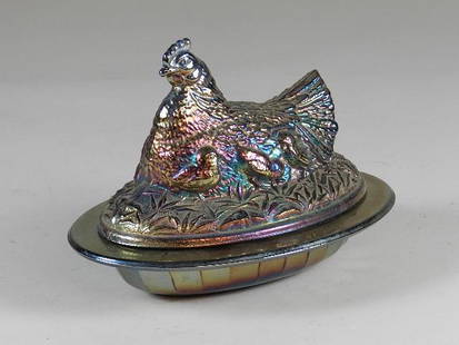 Carnival Glass Hen on Nest Covered Dish: Minor wear. 8" long