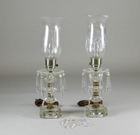 Pair of Electric Mantle Lamps: Shades do not match. Has extra prisms. Minor wear. 17" tall